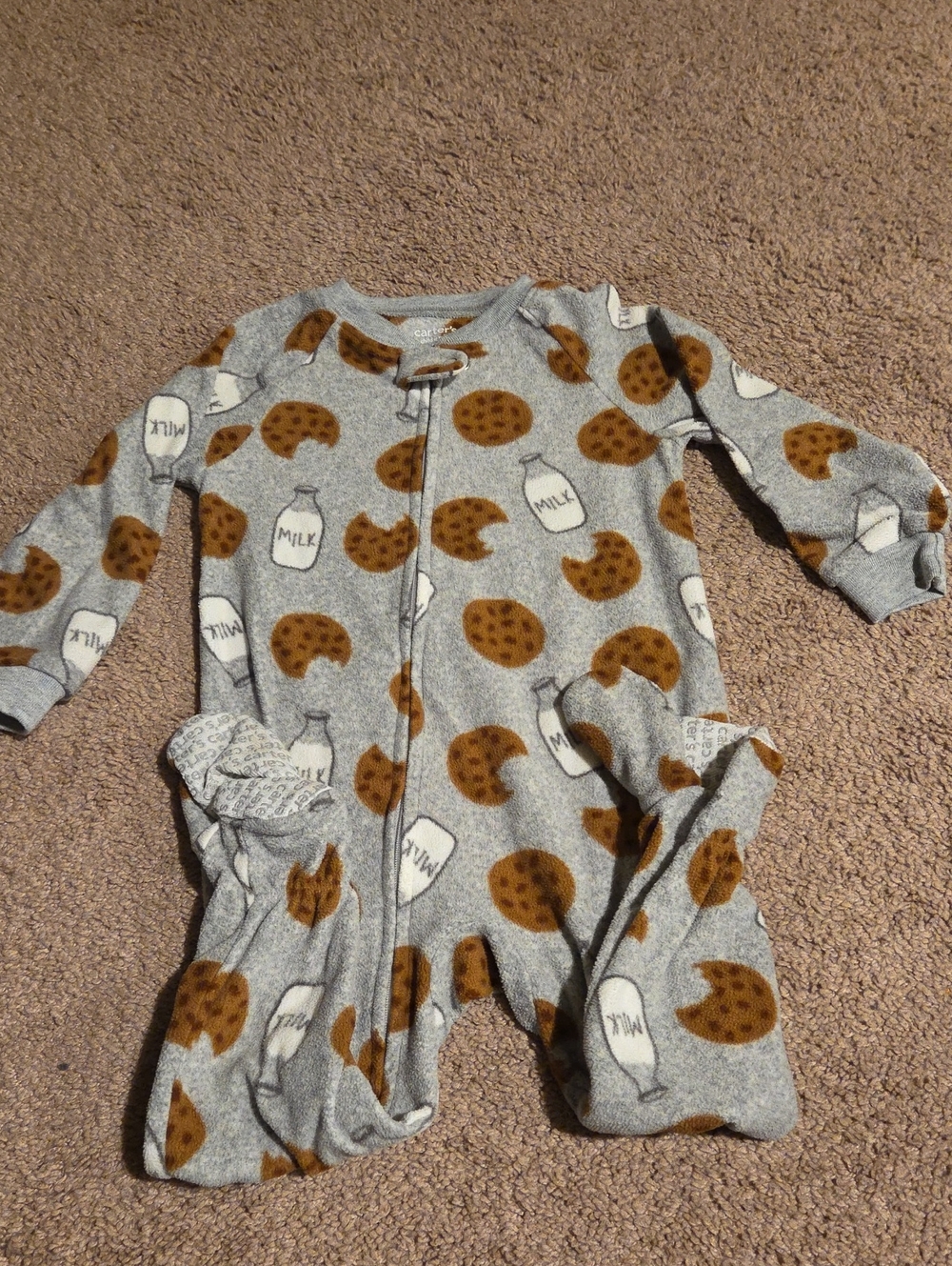 Kids Grey Fleece One-Piece with Cookie & Milk Print